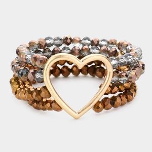 Bronze Beads Stretch MultiLayered Heart Gold Bracelet Fashion Statement Jewelry